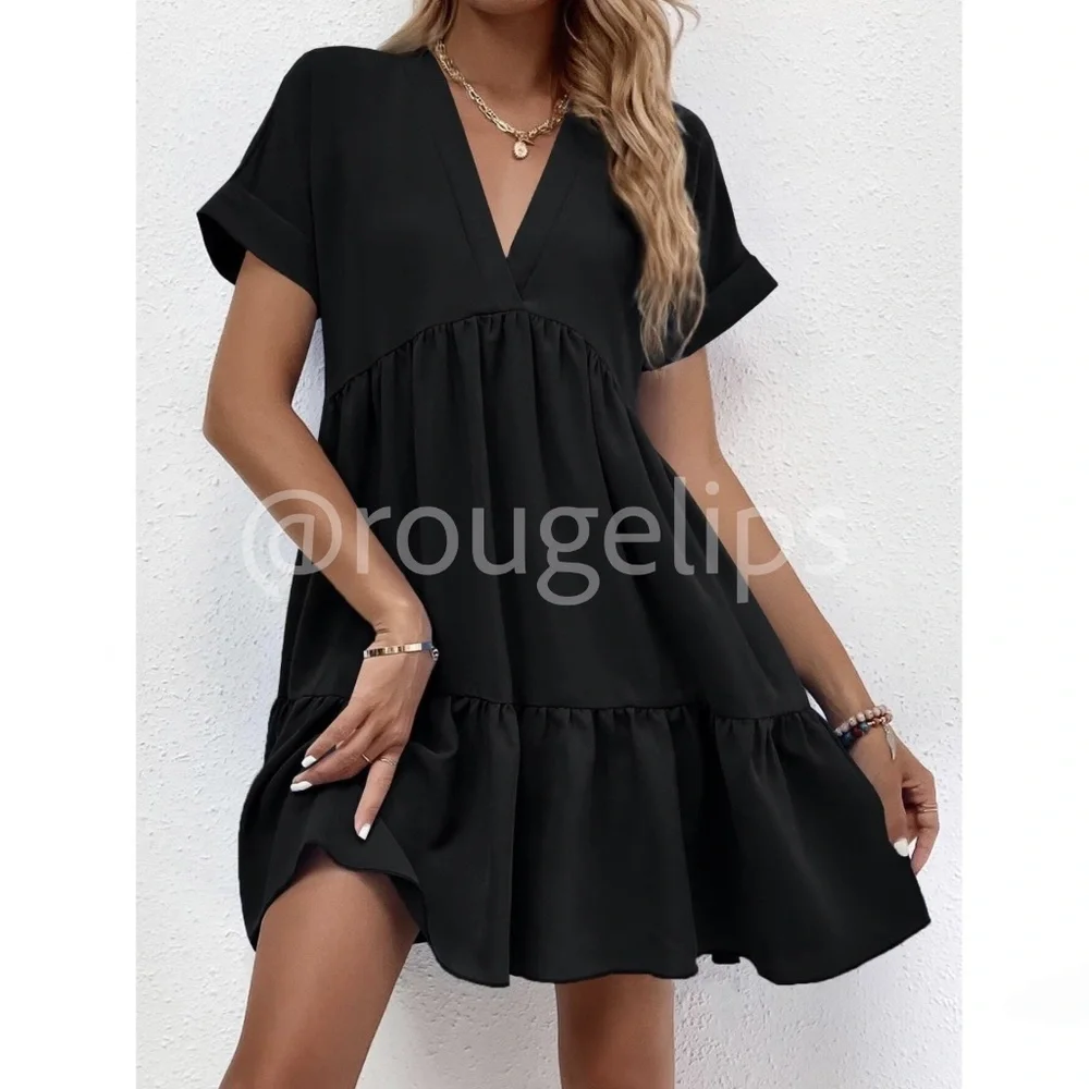 Black Short Sleeve Loose Fitting Mini Dress V-Neck Ruffle Flared Hem - Picture 4 of 8